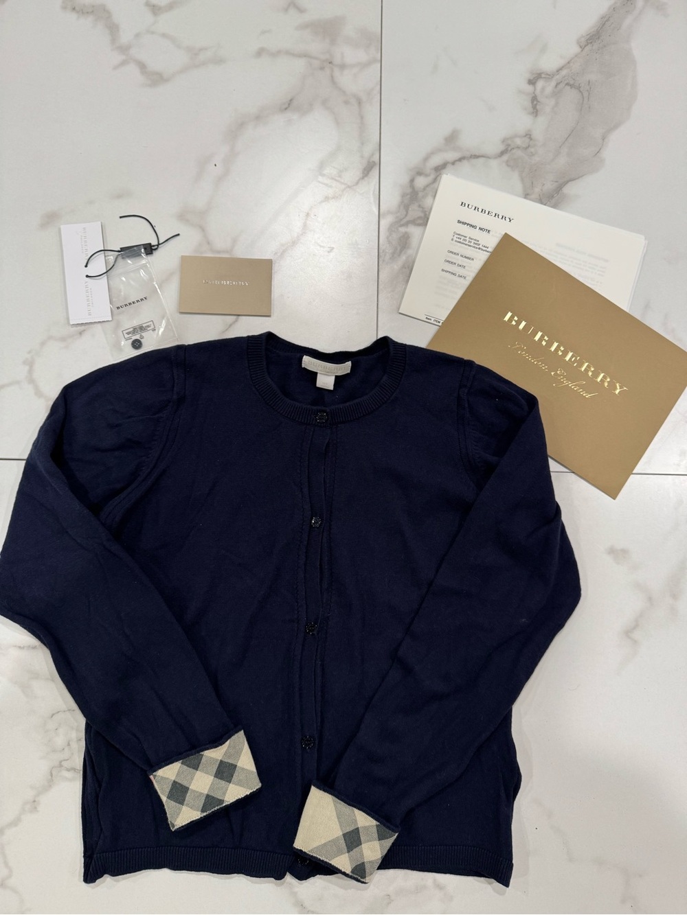 Authentic Burberry Navy Cardigan with Signature Check Cuff